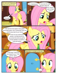 Size: 612x792 | Tagged: safe, artist:newbiespud, derpibooru import, edit, edited screencap, screencap, fluttershy, pegasus, pony, comic:friendship is dragons, book, bookcase, comic, concerned, dialogue, door, female, fluttershy's cottage (interior), frown, looking down, mare, screencap comic, worried