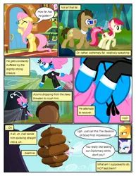 Size: 612x792 | Tagged: safe, artist:newbiespud, derpibooru import, edit, edited screencap, screencap, applejack, doctor whooves, fluttershy, rainbow dash, rarity, roseluck, seabreeze, time turner, bee, breezie, earth pony, insect, pegasus, pony, unicorn, comic:friendship is dragons, 3d glasses, acorn, background pony, beehive, clothes, comic, dialogue, female, flying, freckles, hat, looking up, male, mare, peephole, screencap comic, speech bubble, stallion