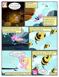 Size: 612x792 | Tagged: safe, artist:newbiespud, derpibooru import, edit, edited screencap, screencap, fluttershy, pinkie pie, seabreeze, bee, breezie, earth pony, insect, pegasus, pony, comic:friendship is dragons, angry, beehive, clothes, comic, dialogue, female, flying, frown, male, mare, screencap comic, smiling, speech bubble, worried
