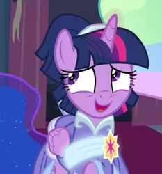 Size: 713x765 | Tagged: safe, derpibooru import, screencap, princess celestia, princess luna, twilight sparkle, twilight sparkle (alicorn), alicorn, pony, the last problem, clothes, cropped, dress, grin, nervous, nervous grin, open mouth, smiling