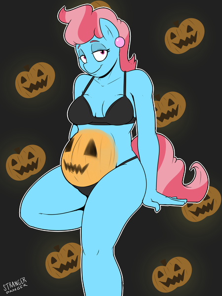 Size: 1353x1805 | Tagged: source needed, questionable, artist:strangerdanger, derpibooru import, cup cake, anthro, earth pony, belly, belly painting, big belly, bra, breasts, clothes, ear piercing, earring, female, halloween, holiday, image, jack-o-lantern, jewelry, looking at you, milf, piercing, png, pregnant, pumpkin, pumpkin gut, smiling, solo, solo female, underwear