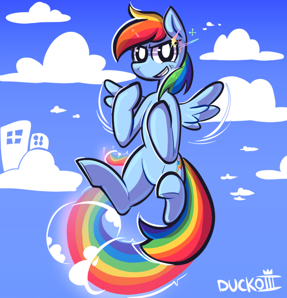 Size: 879x913 | Tagged: safe, artist:duckoiii, derpibooru import, rainbow dash, pegasus, pony, cloud, female, flying, grin, mare, rainbow trail, sky, smiling, solo, sonic rainboom