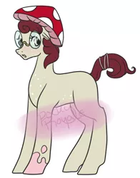 Size: 976x1244 | Tagged: safe, artist:pockypocky, derpibooru import, oc, earth pony, pony, adoptable, advertisement, cheap, cute, female, freckles, glasses, hat, mare, mushroom, mushroom hat, open, palamino, simple, solo, spectacles, spots, themed, toadstool
