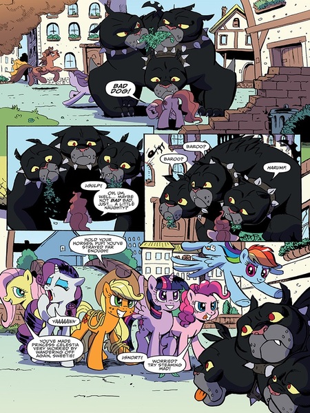 Size: 768x1024 | Tagged: alicorn, applejack, artist:pencils, cerberus, derpibooru import, fluttershy, idw, mane six, multiple heads, pinkie pie, preview, rainbow dash, rarity, safe, spoiler:comic, spoiler:comic82, three heads, twilight sparkle, twilight sparkle (alicorn)