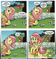 Size: 1096x1148 | Tagged: safe, artist:tonyfleecs, derpibooru import, idw, fluttershy, bird, pegasus, pony, friends forever, spoiler:comic, spoiler:comicff5, comic, duo, female, mare, official comic, scared, speech bubble