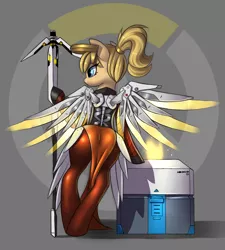 Size: 1500x1669 | Tagged: safe, artist:lunebat, artist:pony-way, derpibooru import, ponified, cyborg, earth pony, pony, artificial wings, augmented, butt, clothes, loot box, mechanical wing, mercy, overwatch, plot, wings