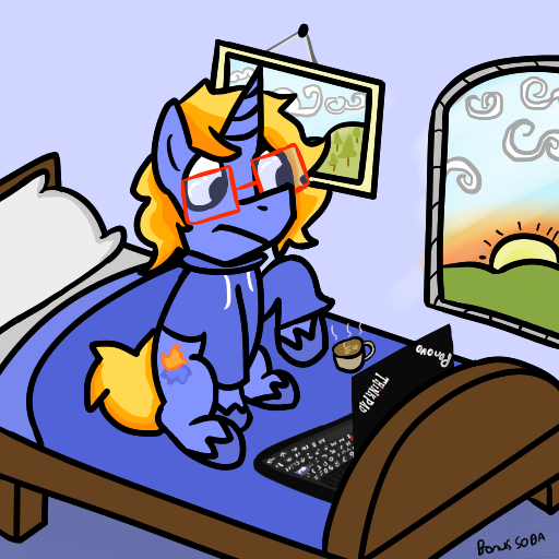 Size: 512x512 | Tagged: safe, artist:bonus soda, derpibooru import, oc, oc:azure ember, pony, unicorn, bed, bedroom, blue coat, clothes, cloud, coffee, computer, dork, glasses, hoodie, laptop computer, male, morning, nerd, nerd pony, picture frame, pillow, raised hoof, sitting, stallion, sun, sunrise, thinkpad, unshorn fetlocks, window