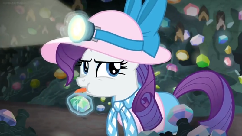 Size: 1600x900 | Tagged: safe, derpibooru import, screencap, rarity, pony, dragon dropped, bow, female, gem, gem cave, hat, headlamp, levitation, licking, magic, magic aura, mare, mine, solo, sun hat, telekinesis, tongue out