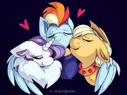 Size: 2048x1536 | Tagged: safe, artist:incendiaryboobs, derpibooru import, applejack, rainbow dash, rarity, pony, the last problem, appledash, black background, cowboy hat, female, hat, heart, lesbian, older, older applejack, older rainbow dash, older rarity, polyamory, raridash, rarijack, rarijackdash, shipping, simple background, smiling