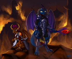 Size: 3100x2524 | Tagged: alternate timeline, alternate universe, anthro, armor, artist:brushstroke, bloodstone scepter, canterlot, corrupted, derpibooru import, digitigrade anthro, dragon, dragoness, dragon lord ember, evil, evil doers art contest, female, high res, princess ember, safe, smolder, weapon