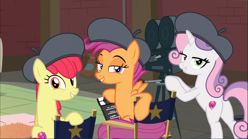 Size: 1651x929 | Tagged: safe, derpibooru import, screencap, apple bloom, scootaloo, sweetie belle, earth pony, pegasus, pony, unicorn, growing up is hard to do, being big is all it takes, chair, cropped, cutie mark, cutie mark crusaders, director's chair, female, film projector, hat, lidded eyes, looking at you, looking back, looking back at you, mare, older, older apple bloom, older cmc, older scootaloo, older sweetie belle, sitting, smiling, smirk, the cmc's cutie marks, trio