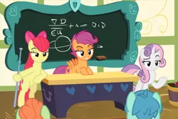 Size: 876x584 | Tagged: safe, derpibooru import, screencap, apple bloom, scootaloo, shuffle step, sweetie belle, teal shores, earth pony, pegasus, pony, unicorn, growing up is hard to do, bipedal, bipedal leaning, bow, chalkboard, cropped, cutie mark, cutie mark crusaders, desk, female, hair bow, leaning, lidded eyes, mare, older, older apple bloom, older cmc, older scootaloo, older sweetie belle, ponyville schoolhouse, raised eyebrow, raised hoof, smiling, smirk, the cmc's cutie marks, trio focus, underhoof