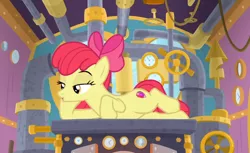 Size: 792x484 | Tagged: safe, derpibooru import, screencap, apple bloom, earth pony, pony, growing up is hard to do, bow, cropped, cute, cutie mark, draw me like one of your french girls, female, hair bow, lidded eyes, mare, older, older apple bloom, side, solo, the cmc's cutie marks