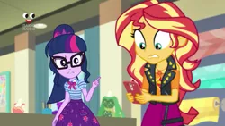 Size: 1280x720 | Tagged: safe, derpibooru import, screencap, sci-twi, sunset shimmer, twilight sparkle, equestria girls, equestria girls series, holidays unwrapped, spoiler:eqg series (season 2), clothes, duo, female, geode of empathy, geode of telekinesis, glasses, jacket, magical geodes, mobile phone, phone, plusplus, ponytail, skirt, smartphone