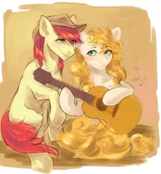 Size: 1996x2160 | Tagged: safe, artist:svelen, derpibooru import, bright mac, pear butter, earth pony, pony, brightbutter, female, guitar, looking at each other, male, mare, musical instrument, shipping, signature, sitting, smiling, stallion, straight