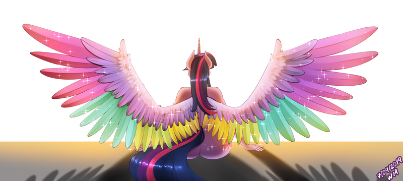 Size: 5346x2400 | Tagged: alicorn, anthro, artist:wolfmask, ass, butt, colored wings, derpibooru import, female, multicolored wings, nudity, questionable, rainbow roadtrip, rainbow wings, solo, solo female, twibutt, twilight sparkle, twilight sparkle (alicorn), wing bling, wings