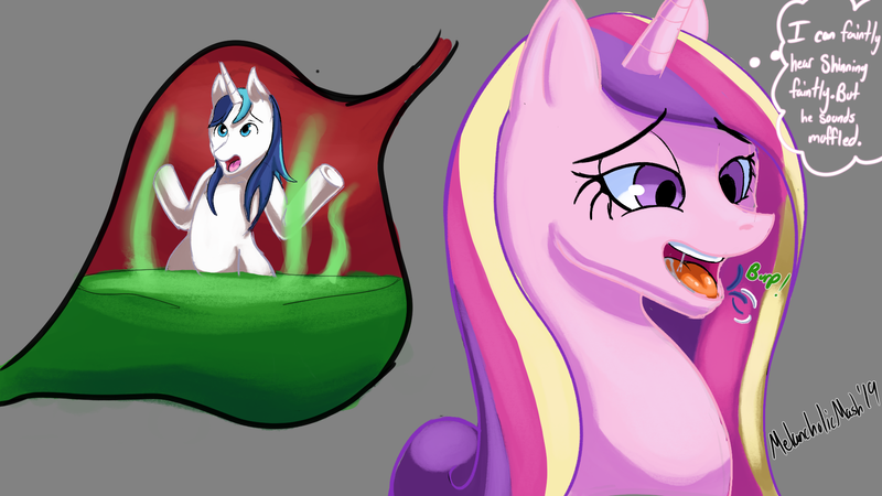 Size: 1920x1080 | Tagged: questionable, artist:melancholicmash, derpibooru import, princess cadance, shining armor, pony, bedroom eyes, burp, drool, drool string, endosoma, fetish, gloop, gooey, inside stomach, kitchen eyes, loose hair, macro/micro, mucous, mucus, open mouth, pleasure, salivating, slimy, squishy, stomach acid, stomach walls, thought bubble, tongue out, vore, wingding eyes