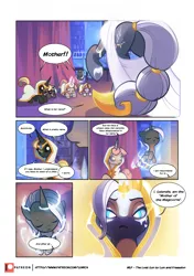 Size: 3541x5016 | Tagged: safe, artist:freeedon, artist:lummh, derpibooru import, oc, oc:appolonia, oc:selendis, original species, pony, unicorn, comic:the lost sun, cloak, clothes, collaboration, comic, female, filly, foal, glowing eyes, hood, horn, horn ring, magic, magicorn, mare, patreon, patreon logo, ring, speech bubble, telekinesis