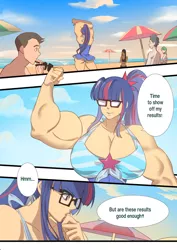 Size: 990x1400 | Tagged: artist:bakki, beach, big breasts, breasts, busty sci-twi, clothes, comic, comic:experiment enchanement, derpibooru import, dialogue, female, fetish, huge breasts, human, human coloration, humanized, muscle fetish, muscles, sci-twi, suggestive, swimsuit, twilight muscle, twilight sparkle