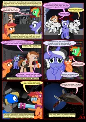 Size: 1000x1414 | Tagged: safe, artist:christhes, derpibooru import, oc, oc:cookiecutter, oc:gracenote, oc:maple leaf, oc:spring clean, earth pony, pony, unicorn, comic:friendship is dragons, bipedal, collaboration, comic, covering ears, crossover, cuffs, dialogue, disguise, explosives, female, fight, flying, glowing horn, goggles, grin, guard, gun, hat, headset, hiding, horn, implied fluttershy, implied pinkie pie, implied rarity, implied twilight sparkle, laser, mare, planet, running, saddle, scared, smiling, space, spaceship, star wars, stars, stormtrooper, surrender, tack, weapon