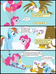Size: 600x800 | Tagged: safe, artist:dusk raven, artist:newbiespud, derpibooru import, edit, edited screencap, screencap, gilda, pinkie pie, rainbow dash, gryphon, pony, comic:friendship is dragons, balloon, cloud, collaboration, comic, dialogue, eyes closed, female, floating, flying, frown, gyrocopter, looking down, looking up, mare, on a cloud, screencap comic, smiling, then watch her balloons lift her up to the sky