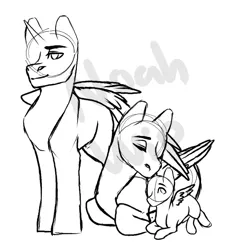 Size: 740x779 | Tagged: safe, artist:keeharn, derpibooru import, oc, oc:king speedy hooves, oc:queen galaxia, oc:tommy the human, alicorn, pony, commissioner:bigonionbean, dawwww, father and child, father and son, female, foal, fusion, fusion:king speedy hooves, fusion:queen galaxia, husband and wife, male, mother and child, mother and son, nuzzling, sketch