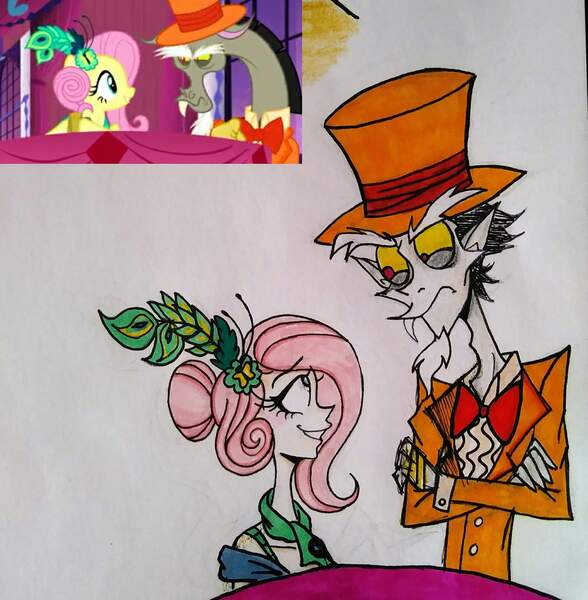 Size: 1975x2015 | Tagged: artist:citi, derpibooru import, discord, duo, fluttershy, human, humanized, make new friends but keep discord, safe, scene interpretation, screencap, screencap reference, traditional art