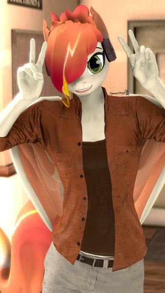 Size: 1080x1920 | Tagged: 3d, anthro, artist:spinostud, clothes, derpibooru import, female, headphones, looking at you, mare, oc, oc:tomyum, pegasus, safe, source filmmaker