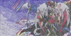 Size: 2081x1060 | Tagged: safe, artist:nephilim rider, derpibooru import, oc, oc:heaven lost, pony, league of legends, magical girl, nephilim, night, star guardian, stars, sword, traditional art, weapon