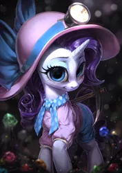 Size: 765x1080 | Tagged: safe, artist:assasinmonkey, derpibooru import, rarity, pony, unicorn, dragon dropped, blushing, cave, clothes, cute, eyeshadow, female, gem, gem cave, headlamp, helmet, light, looking at you, makeup, mare, mining, pickaxe, raribetes, smiling, solo