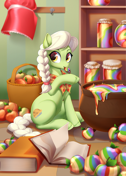 Size: 1500x2092 | Tagged: safe, artist:kyotokisha15, derpibooru import, granny smith, earth pony, pony, adorasmith, apple, basket, book, cauldron, cute, female, food, high res, jam, jar, looking at you, mare, recipe book, sitting, solo, spoon, tasting, young granny smith, younger, zap apple, zap apple jam