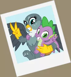 Size: 3142x3410 | Tagged: safe, artist:cheezedoodle96, derpibooru import, gabby, spike, dragon, gryphon, dragon dropped, female, hug, male, paw pads, paws, peace sign, photo, polaroid, pose, scene interpretation, shipping, smiling, spabby, straight, svg, .svg available, toe beans, underpaw, vector, winged spike