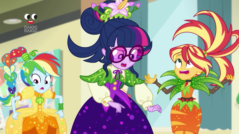 Size: 1280x720 | Tagged: safe, derpibooru import, screencap, rainbow dash, sci-twi, sunset shimmer, twilight sparkle, equestria girls, equestria girls series, holidays unwrapped, spoiler:eqg series (season 2), clothes, cornucopia costumes, dress, female, glasses, o come all ye squashful, plusplus, rainbow dash always dresses in style