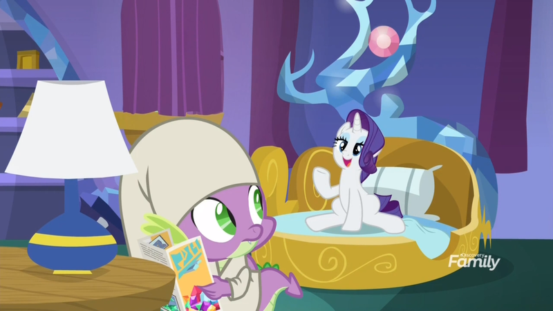 Size: 1920x1080 | Tagged: safe, derpibooru import, screencap, rarity, spike, dragon, unicorn, dragon dropped, discovery family logo, female, hat, lamp, male, mare, nightcap, pamphlet, sitting, spike's bed, twilight's castle