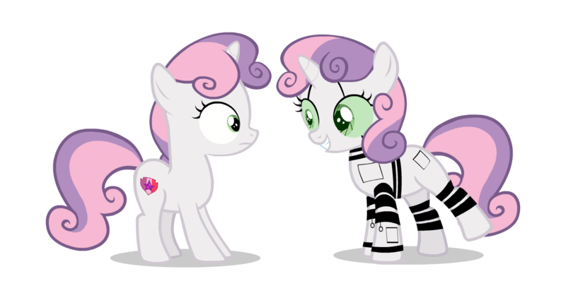 Size: 1232x613 | Tagged: safe, artist:raindashesp, derpibooru import, sweetie belle, pony, robot, robot pony, circuit, circuit board, confused, cute, diasweetes, duality, grin, looking at each other, self ponidox, smiling, sweetie bot, unsure