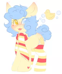 Size: 1608x1923 | Tagged: safe, artist:adostume, derpibooru import, oc, oc:duckie, unofficial characters only, earth pony, pony, :p, blushing, cat mouth, clothes, curly hair, cutie mark, happy, hearts on cheeks, hearts on hooves, heterochromia, mlem, reference sheet, scarf, short hair, short tail, silly, simple background, smiling, socks, tongue out, white background