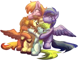 Size: 3566x2727 | Tagged: safe, artist:amura-of-jupiter, derpibooru import, oc, oc:calpain, unofficial characters only, earth pony, pegasus, pony, series:random gifting is magic, appreciation, generic pony, gift art, group hug, hug, messy hair, spread wings, wings