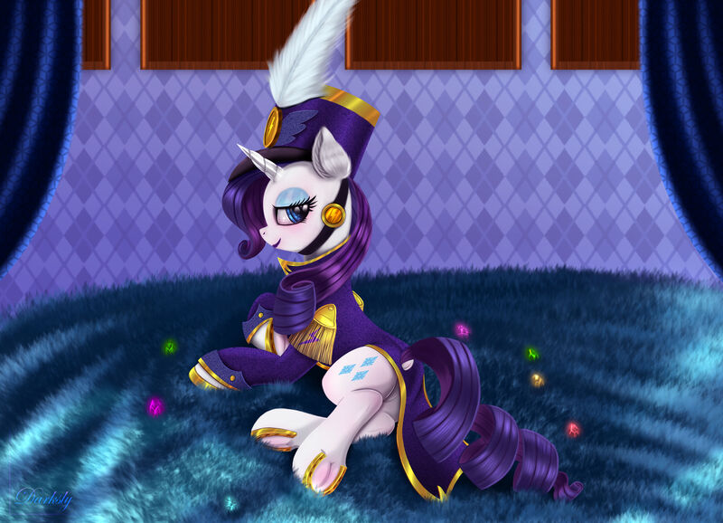 Size: 6300x4550 | Tagged: safe, artist:darksly, derpibooru import, rarity, pony, unicorn, absurd resolution, ancient wonderbolts uniform, bedroom eyes, blushing, butt, clothes, commission, dock, featureless crotch, female, frog (hoof), hat, hoof shoes, horseshoes, looking at you, looking back, looking back at you, lying down, mare, night, plot, rear view, sexy, sgt. rarity, side, solo, underhoof, uniform