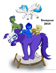 Size: 5760x7525 | Tagged: safe, artist:akashic brony, derpibooru import, oc, oc:delly, oc:electric radiation, oc:graceful motion, unofficial characters only, gryphon, pegasus, pony, unicorn, bed, kindred, simple background, white background