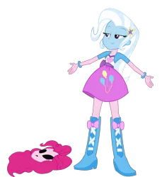 Size: 1933x2112 | Tagged: safe, derpibooru import, edit, pinkie pie, trixie, equestria girls, bodysuit, disguise, impersonating, mask, masking, pinkie pie suit, trick