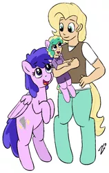 Size: 608x962 | Tagged: safe, artist:heretichesh, derpibooru import, plumberry, oc, oc:bluster squall, oc:gale, pegasus, pony, satyr, clothes, cute, family, father and child, father and daughter, female, male, mother and child, mother and daughter, offspring, offspring's offspring, parent:oc:gale, parent:plumberry, parent:zephyr breeze, shorts, simple background, vest, white background