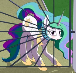 Size: 1150x1100 | Tagged: safe, artist:yinglongfujun, derpibooru import, princess celestia, alicorn, pony, behaving like a dog, blushing, cropped, cute, cutelestia, embarrassed, eyes half closed, face down ass up, gate, looking at you, ponified animal photo, sillestia, silly, silly pony, solo, stuck, sweat, sweatdrop