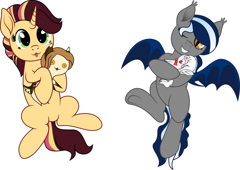 Size: 8707x6187 | Tagged: safe, artist:kopcap94, derpibooru import, oc, unofficial characters only, bat pony, pony, unicorn, :3, absurd resolution, female, mare, plushie, simple background, tongue out, transparent background, vector