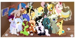 Size: 5300x2668 | Tagged: safe, artist:littlepudel, derpibooru import, queen chrysalis, oc, oc:littlepudel, unofficial characters only, bat pony, changeling, fox, fox pony, hybrid, kirin, pegasus, pony, unicorn, zebra, blue eyes, blue mane, braid, curly mane, ear piercing, eye contact, female, flying, freckles, green eyes, grin, heart, kirin oc, levitation, looking at each other, looking at you, lying on top of someone, magic, male, open mouth, piercing, scared, self-levitation, sitting, sitting on, sitting on pony, smiling, spread wings, suspicious, telekinesis, vulgar, wings, yellow eyes, zebra oc