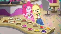 Size: 1600x902 | Tagged: safe, derpibooru import, screencap, applejack, pinkie pie, equestria girls, equestria girls series, tip toppings, tip toppings: applejack, spoiler:choose your own ending (season 2), spoiler:eqg series (season 2), confectionery, geode of sugar bombs, geode of super strength, magical geodes