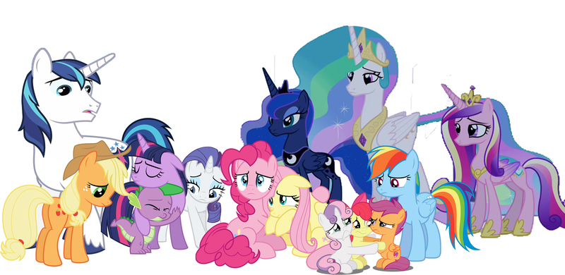 Size: 1922x938 | Tagged: safe, artist:conthauberger, derpibooru import, apple bloom, applejack, fluttershy, pinkie pie, princess cadance, princess celestia, princess luna, rainbow dash, rarity, scootaloo, shining armor, spike, sweetie belle, twilight sparkle, twilight sparkle (alicorn), alicorn, dragon, earth pony, pegasus, pony, unicorn, comforting, crying, cutie mark crusaders, hurt/comfort, mane six, sadness