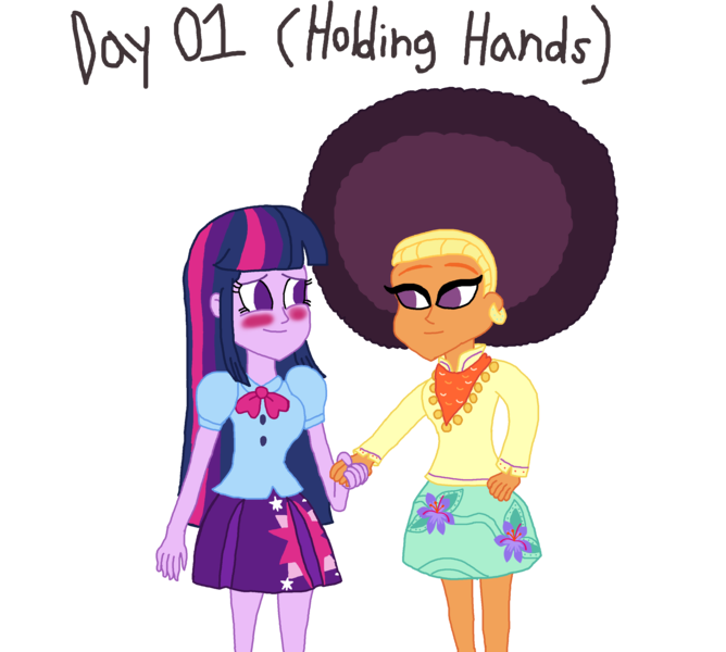 Size: 3000x2695 | Tagged: safe, artist:bigpurplemuppet99, derpibooru import, saffron masala, twilight sparkle, equestria girls, 30 day otp challenge, afro, blushing, female, holding hands, lesbian, shipping, twiffron