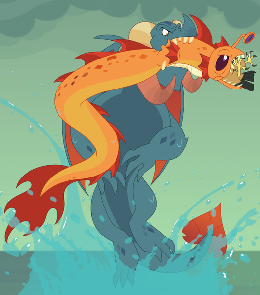 Size: 641x727 | Tagged: always a bigger fish, artist:queencold, bird, carnivore, catching, derpibooru import, dragon, dragon lord torch, dragons doing dragon things, eaten alive, eel, fish, fishing, food chain, geyser eel, hunting, male, predation, predator, prey, roc, safe, sea monster, show accurate, splash, splashing, vore, water