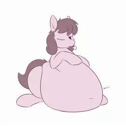 Size: 2800x2800 | Tagged: suggestive, artist:heftyhorsehostler, derpibooru import, oc, oc:hot dogger, unofficial characters only, earth pony, pony, belly, belly button, big belly, exhale, fat, female, high res, hoof on belly, huge belly, obese, one eye closed, simple background, sitting, solo, stomach noise, white background