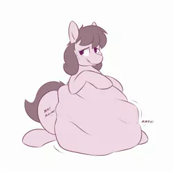 Size: 2800x2800 | Tagged: suggestive, alternate version, artist:heftyhorsehostler, derpibooru import, oc, oc:hot dogger, unofficial characters only, earth pony, pony, belly, belly button, big belly, female, fetish, grin, high res, hoof on belly, huge belly, muffled words, nervous, nervous grin, simple background, sitting, smiling, solo, sweat, sweatdrop, vore, white background